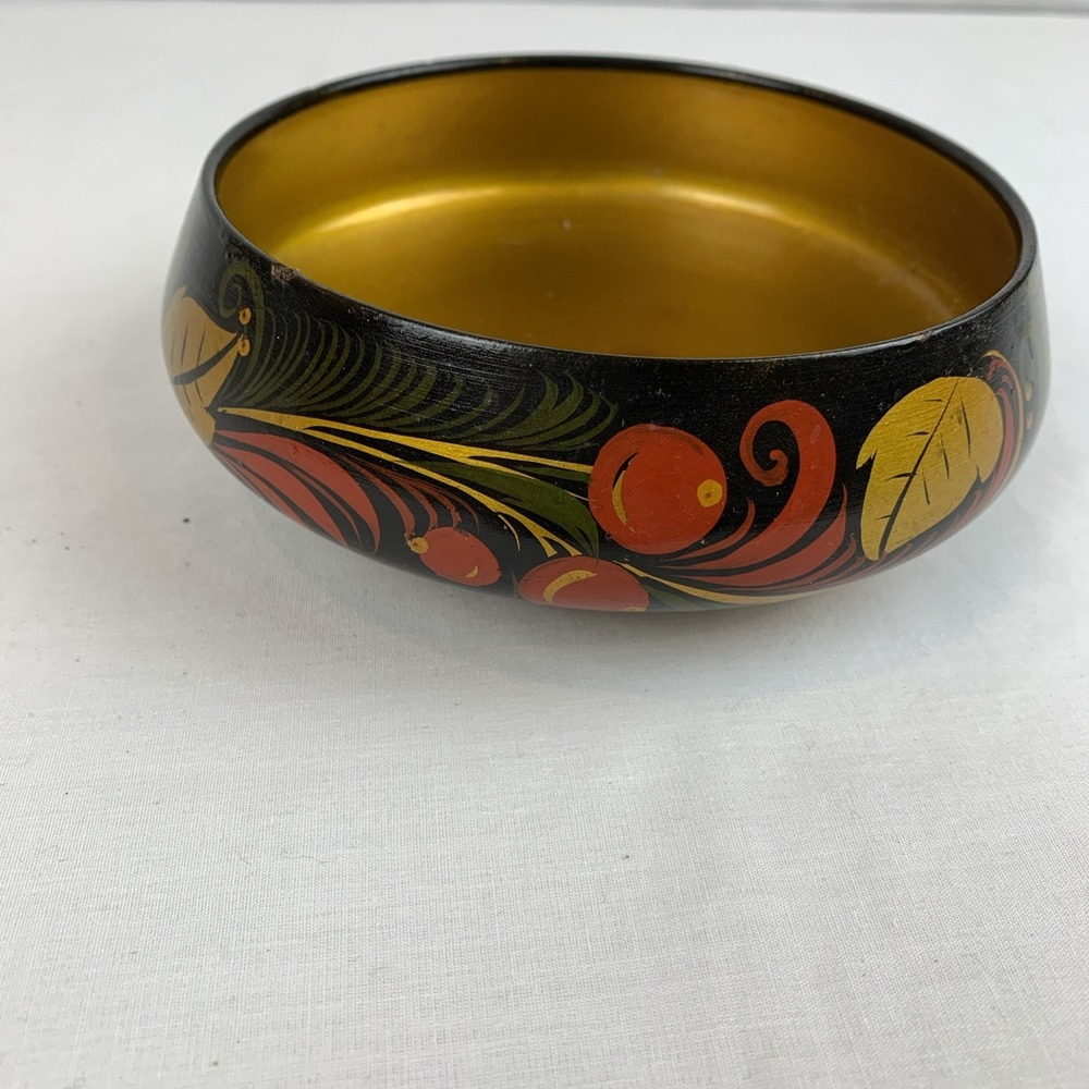 Vtg‎ Russian Khokhoma Bowl Hand Painted  Red Gold Black Cottagecore Goblin Chic